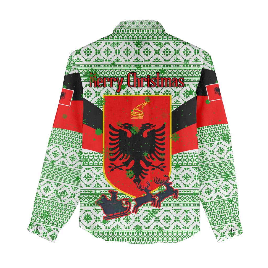Albania Christmas Women Casual Shirt with Green-Red Design, Double-Headed Eagle Emblem, and Santa Motif - Wonder Print Shop