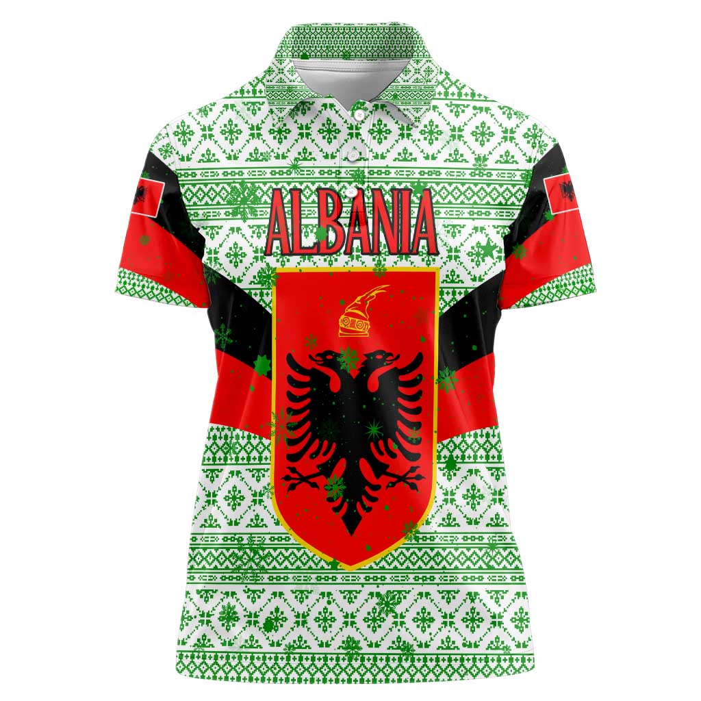 Albania Christmas Women Polo Shirt with Green-Red Design, Double-Headed Eagle Emblem, and Santa Motif - Wonder Print Shop