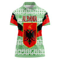Albania Christmas Women Polo Shirt with Green-Red Design, Double-Headed Eagle Emblem, and Santa Motif - Wonder Print Shop