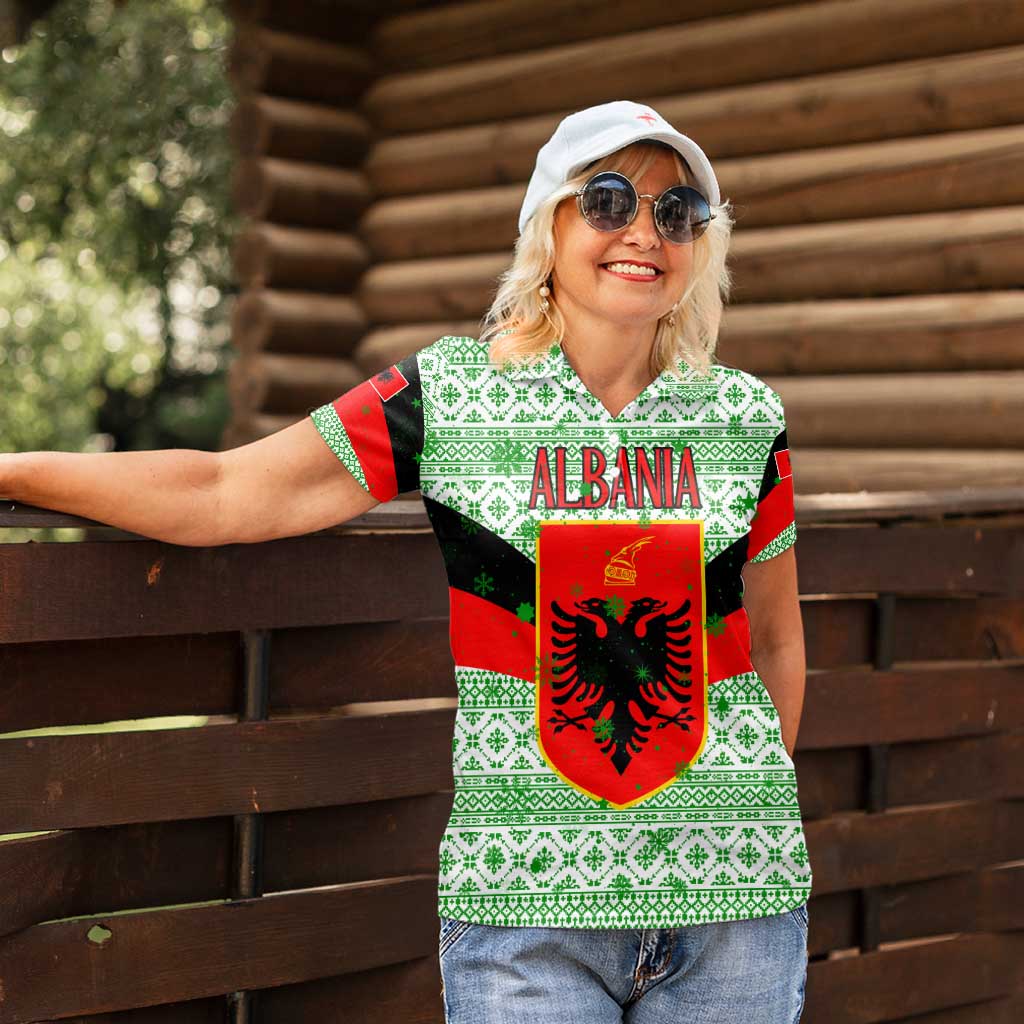 Albania Christmas Women Polo Shirt with Green-Red Design, Double-Headed Eagle Emblem, and Santa Motif - Wonder Print Shop