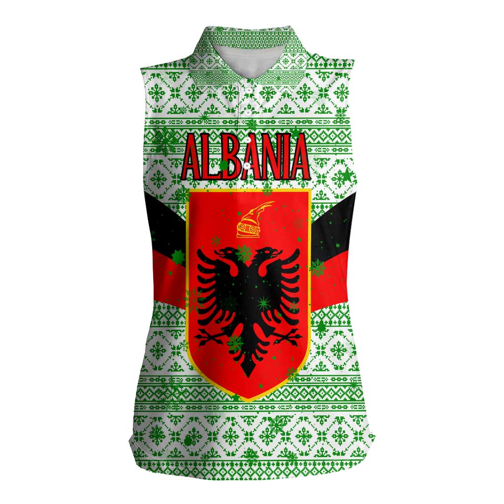Albania Christmas Women Sleeveless Polo Shirt with Green-Red Design, Double-Headed Eagle Emblem, and Santa Motif - Wonder Print Shop