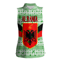 Albania Christmas Women Sleeveless Polo Shirt with Green-Red Design, Double-Headed Eagle Emblem, and Santa Motif - Wonder Print Shop