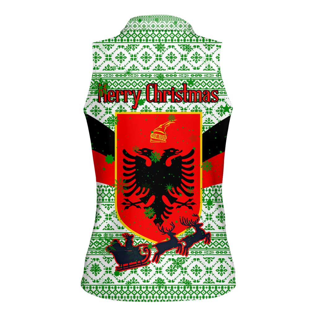 Albania Christmas Women Sleeveless Polo Shirt with Green-Red Design, Double-Headed Eagle Emblem, and Santa Motif - Wonder Print Shop