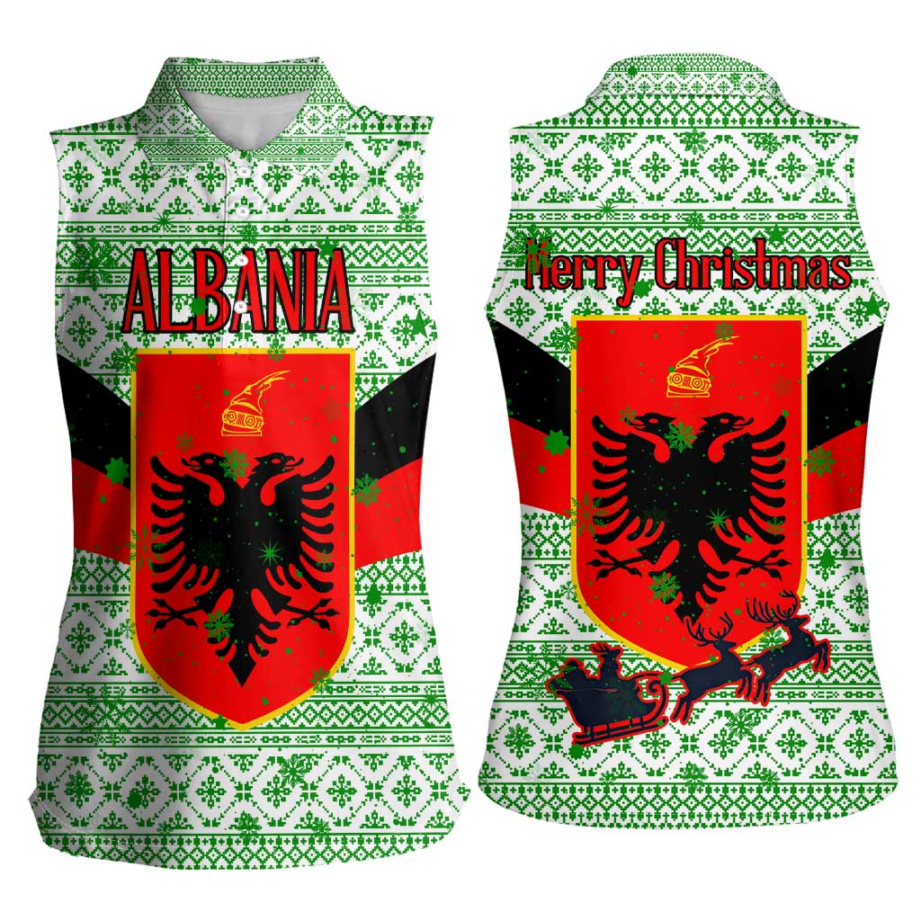 Albania Christmas Women Sleeveless Polo Shirt with Green-Red Design, Double-Headed Eagle Emblem, and Santa Motif - Wonder Print Shop