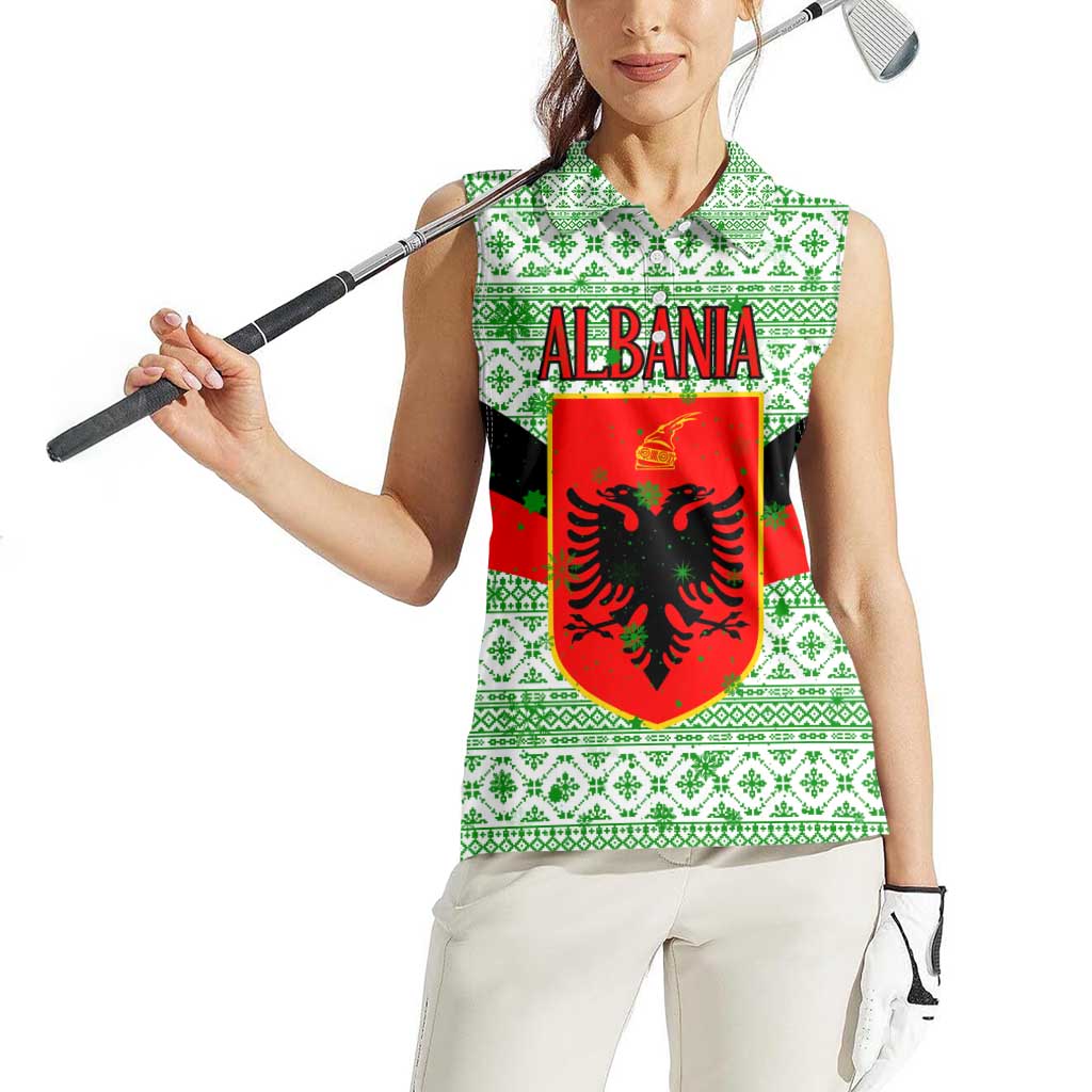 Albania Christmas Women Sleeveless Polo Shirt with Green-Red Design, Double-Headed Eagle Emblem, and Santa Motif - Wonder Print Shop