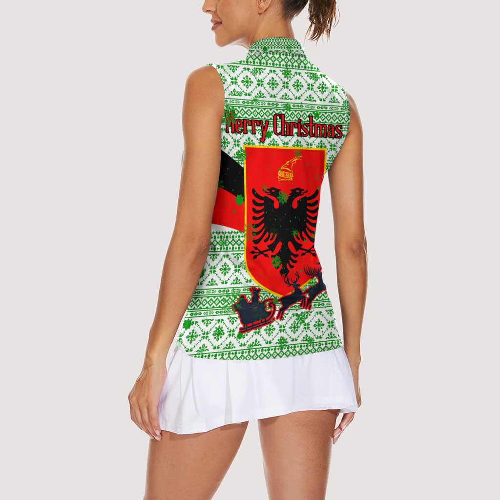 Albania Christmas Women Sleeveless Polo Shirt with Green-Red Design, Double-Headed Eagle Emblem, and Santa Motif - Wonder Print Shop