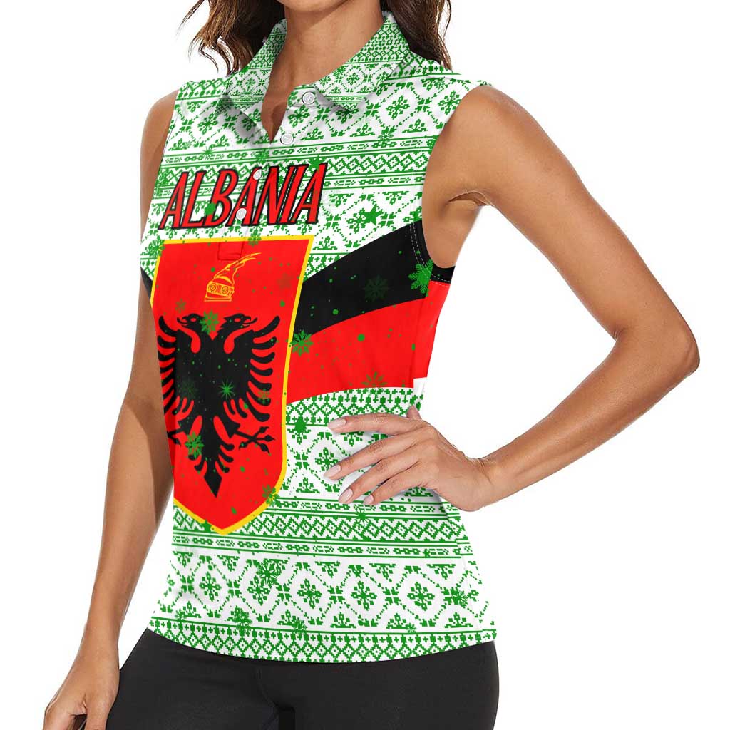 Albania Christmas Women Sleeveless Polo Shirt with Green-Red Design, Double-Headed Eagle Emblem, and Santa Motif - Wonder Print Shop