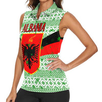 Albania Christmas Women Sleeveless Polo Shirt with Green-Red Design, Double-Headed Eagle Emblem, and Santa Motif - Wonder Print Shop