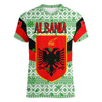Albania Christmas Women V-Neck T-Shirt with Green-Red Design, Double-Headed Eagle Emblem, and Santa Motif - Wonder Print Shop