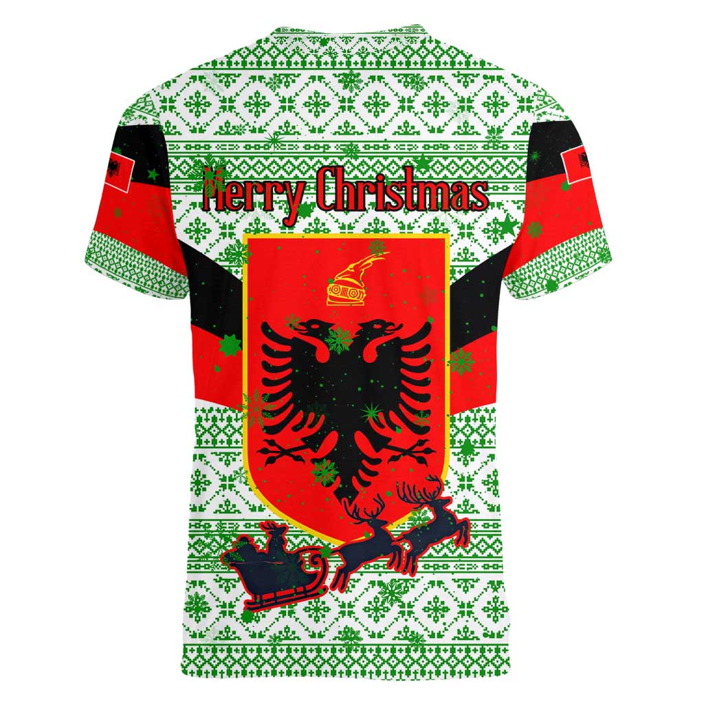 Albania Christmas Women V-Neck T-Shirt with Green-Red Design, Double-Headed Eagle Emblem, and Santa Motif - Wonder Print Shop