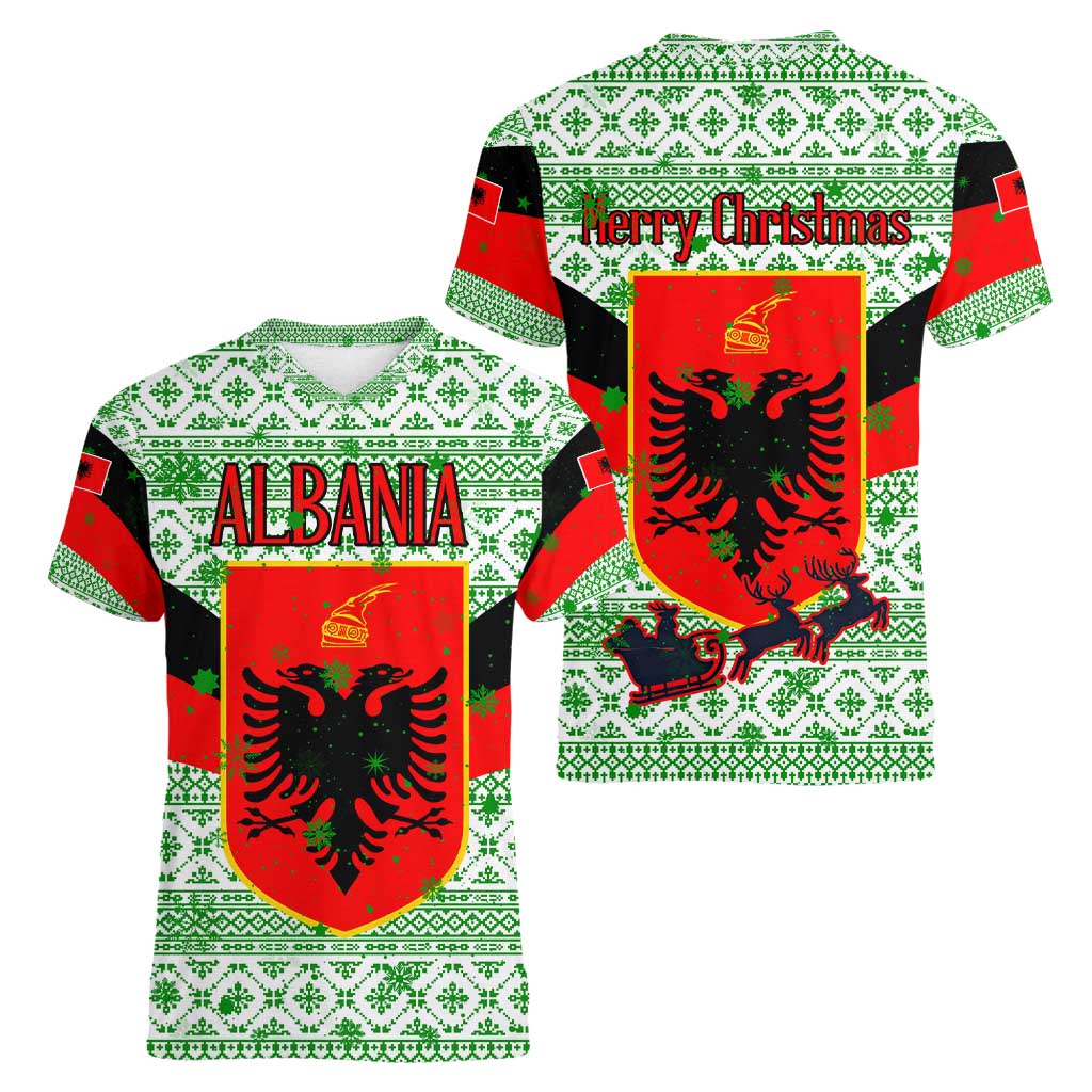 Albania Christmas Women V-Neck T-Shirt with Green-Red Design, Double-Headed Eagle Emblem, and Santa Motif - Wonder Print Shop