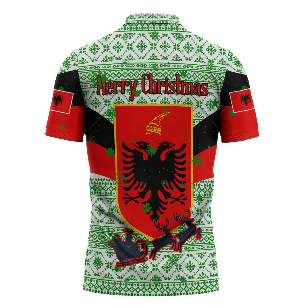 Albania Christmas Zipper Polo Shirt with Green-Red Design, Double-Headed Eagle Emblem, and Santa Motif - Wonder Print Shop