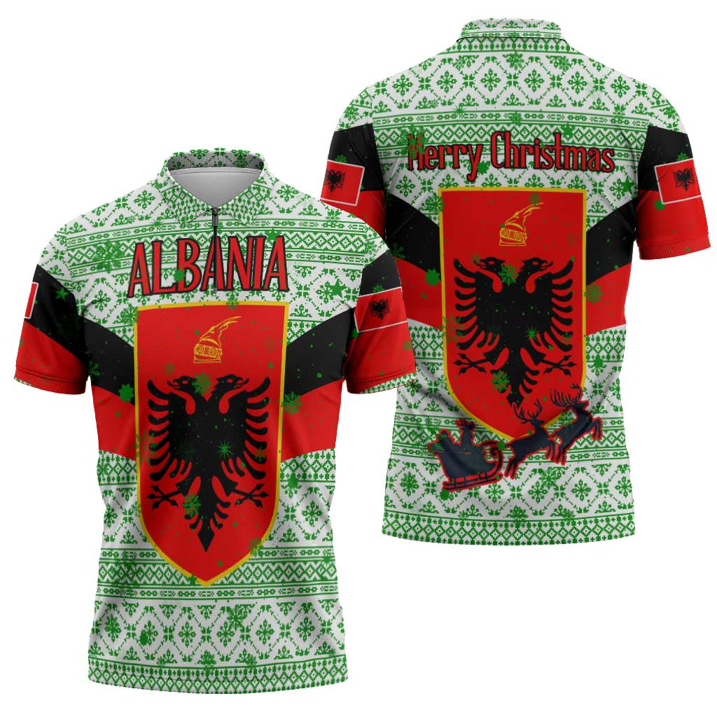 Albania Christmas Zipper Polo Shirt with Green-Red Design, Double-Headed Eagle Emblem, and Santa Motif - Wonder Print Shop