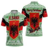 Albania Christmas Zipper Polo Shirt with Green-Red Design, Double-Headed Eagle Emblem, and Santa Motif - Wonder Print Shop