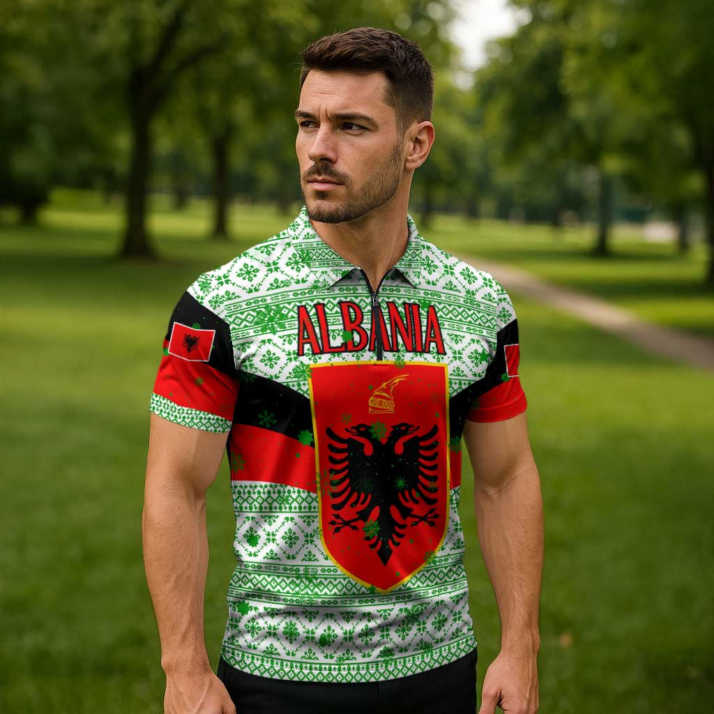 Albania Christmas Zipper Polo Shirt with Green-Red Design, Double-Headed Eagle Emblem, and Santa Motif - Wonder Print Shop