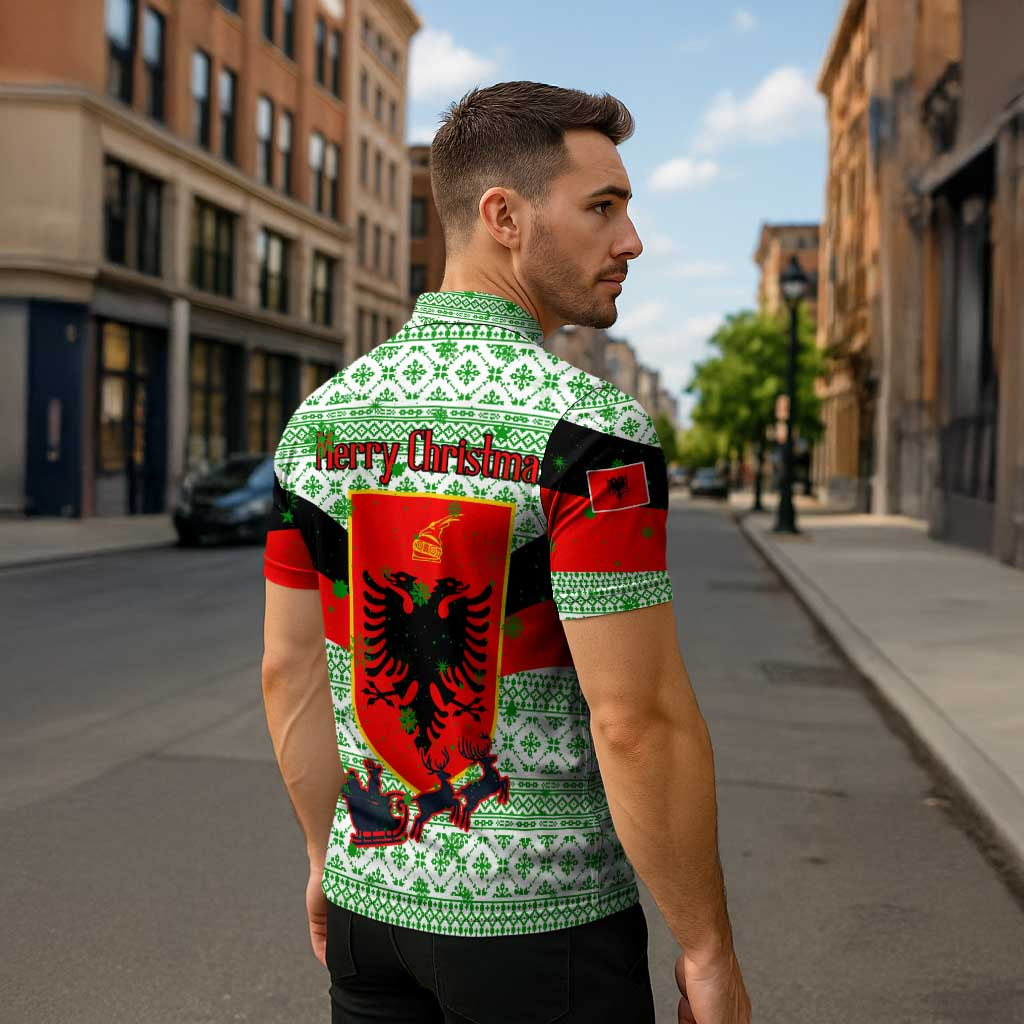 Albania Christmas Zipper Polo Shirt with Green-Red Design, Double-Headed Eagle Emblem, and Santa Motif - Wonder Print Shop
