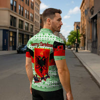 Albania Christmas Zipper Polo Shirt with Green-Red Design, Double-Headed Eagle Emblem, and Santa Motif - Wonder Print Shop
