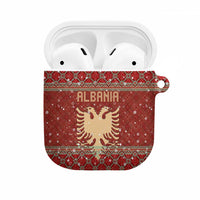 Albania Christmas AirPods Case with Red Geometric Design, Golden Double-Headed Eagle, and Santa Motif - Wonder Print Shop