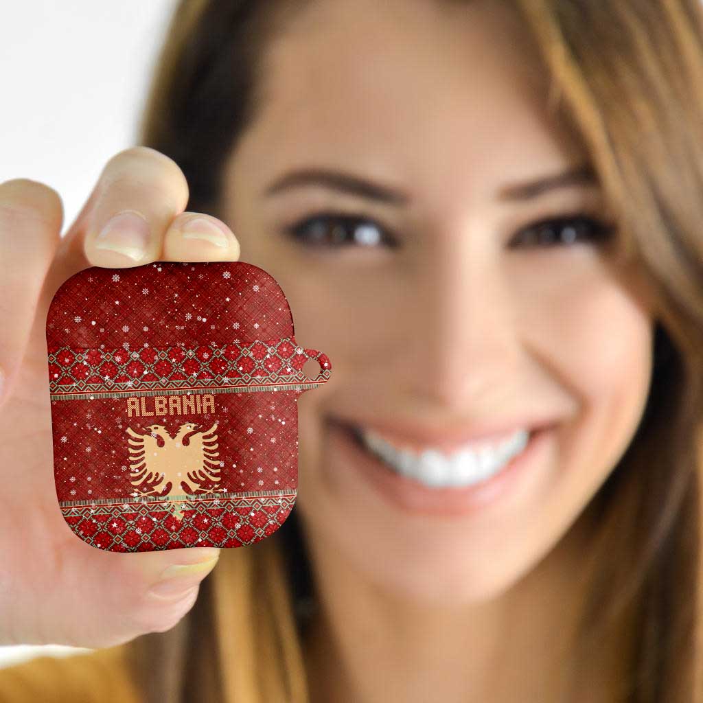 Albania Christmas AirPods Case with Red Geometric Design, Golden Double-Headed Eagle, and Santa Motif - Wonder Print Shop