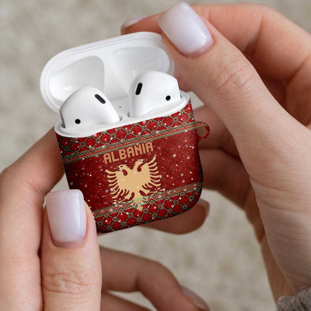 Albania Christmas AirPods Case with Red Geometric Design, Golden Double-Headed Eagle, and Santa Motif - Wonder Print Shop