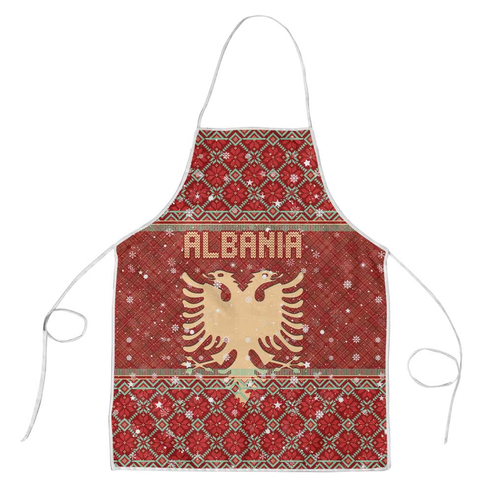 Albania Christmas Apron with Red Geometric Design, Golden Double-Headed Eagle, and Santa Motif - Wonder Print Shop