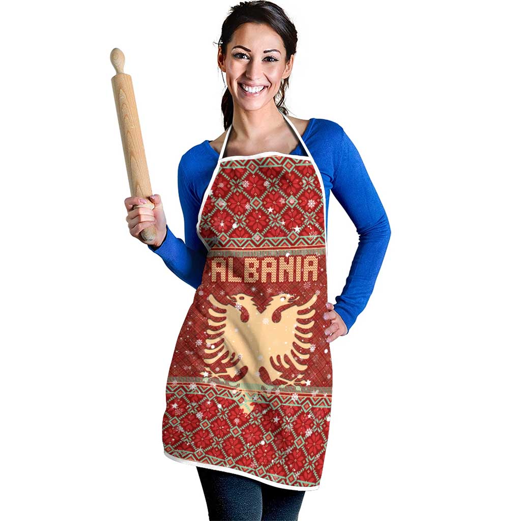 Albania Christmas Apron with Red Geometric Design, Golden Double-Headed Eagle, and Santa Motif - Wonder Print Shop
