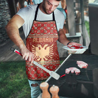 Albania Christmas Apron with Red Geometric Design, Golden Double-Headed Eagle, and Santa Motif - Wonder Print Shop
