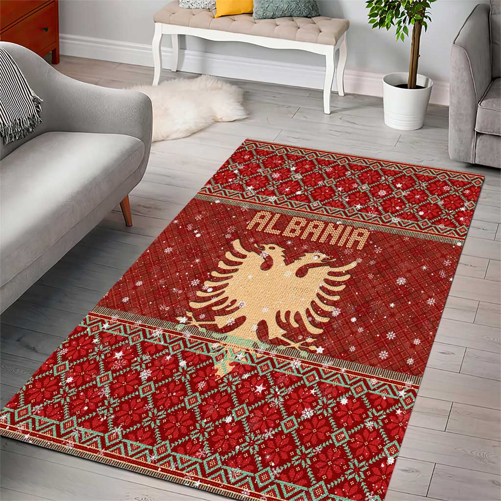 Albania Christmas Area Rug with Red Geometric Design, Golden Double-Headed Eagle, and Santa Motif - Wonder Print Shop
