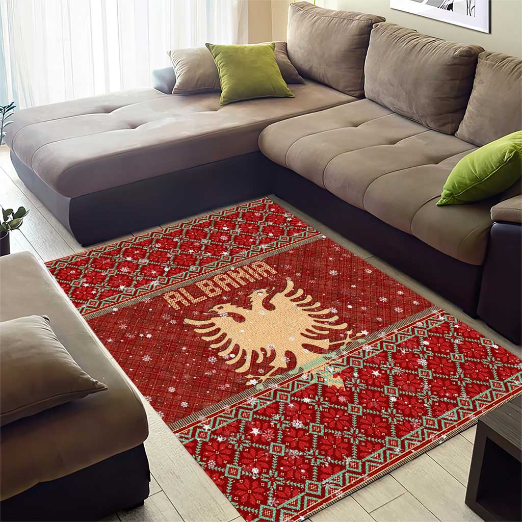 Albania Christmas Area Rug with Red Geometric Design, Golden Double-Headed Eagle, and Santa Motif - Wonder Print Shop
