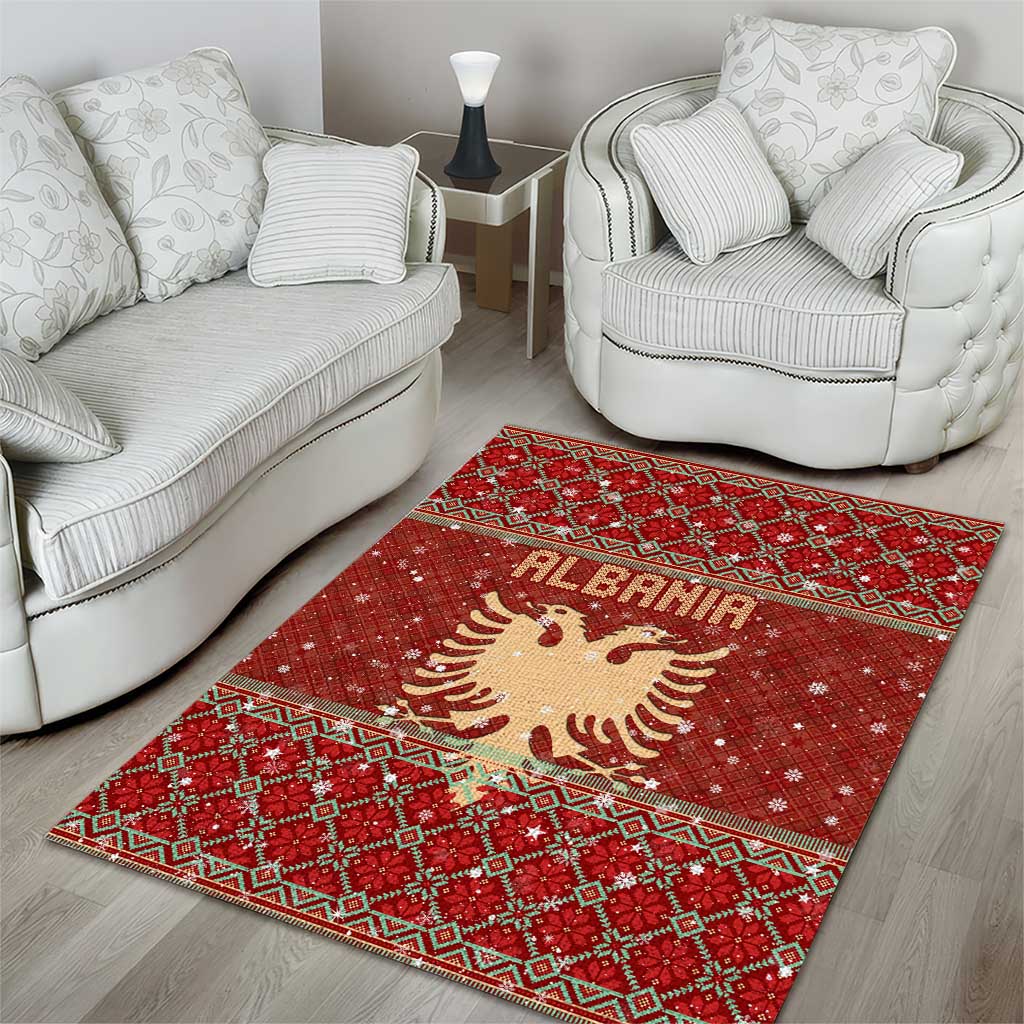 Albania Christmas Area Rug with Red Geometric Design, Golden Double-Headed Eagle, and Santa Motif - Wonder Print Shop