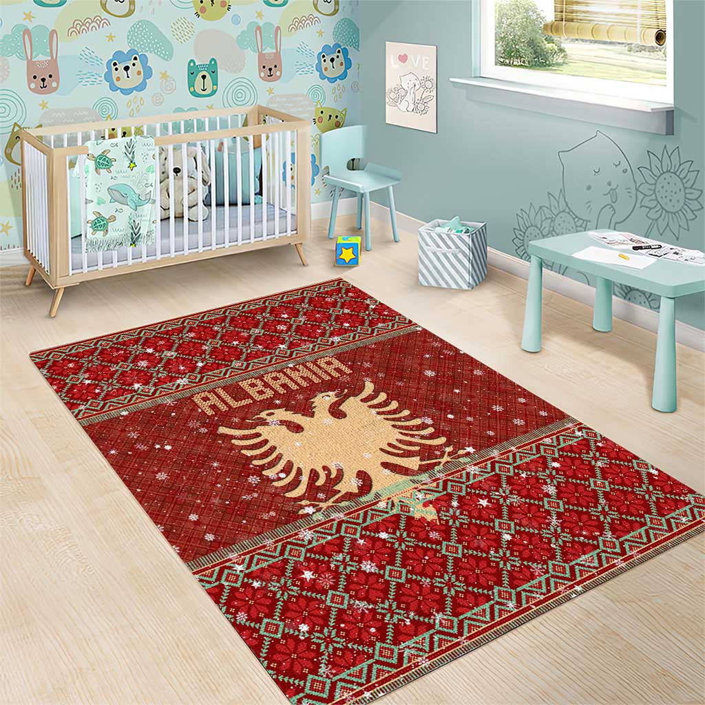 Albania Christmas Area Rug with Red Geometric Design, Golden Double-Headed Eagle, and Santa Motif - Wonder Print Shop