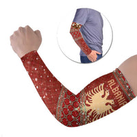 Albania Christmas Arm Sleeves with Red Geometric Design, Golden Double-Headed Eagle, and Santa Motif - Wonder Print Shop