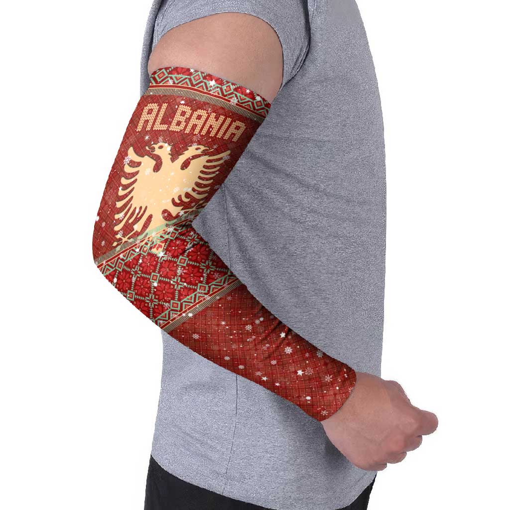 Albania Christmas Arm Sleeves with Red Geometric Design, Golden Double-Headed Eagle, and Santa Motif - Wonder Print Shop