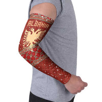 Albania Christmas Arm Sleeves with Red Geometric Design, Golden Double-Headed Eagle, and Santa Motif - Wonder Print Shop