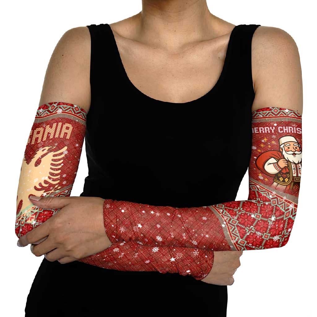 Albania Christmas Arm Sleeves with Red Geometric Design, Golden Double-Headed Eagle, and Santa Motif - Wonder Print Shop