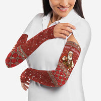 Albania Christmas Arm Sleeves with Red Geometric Design, Golden Double-Headed Eagle, and Santa Motif - Wonder Print Shop