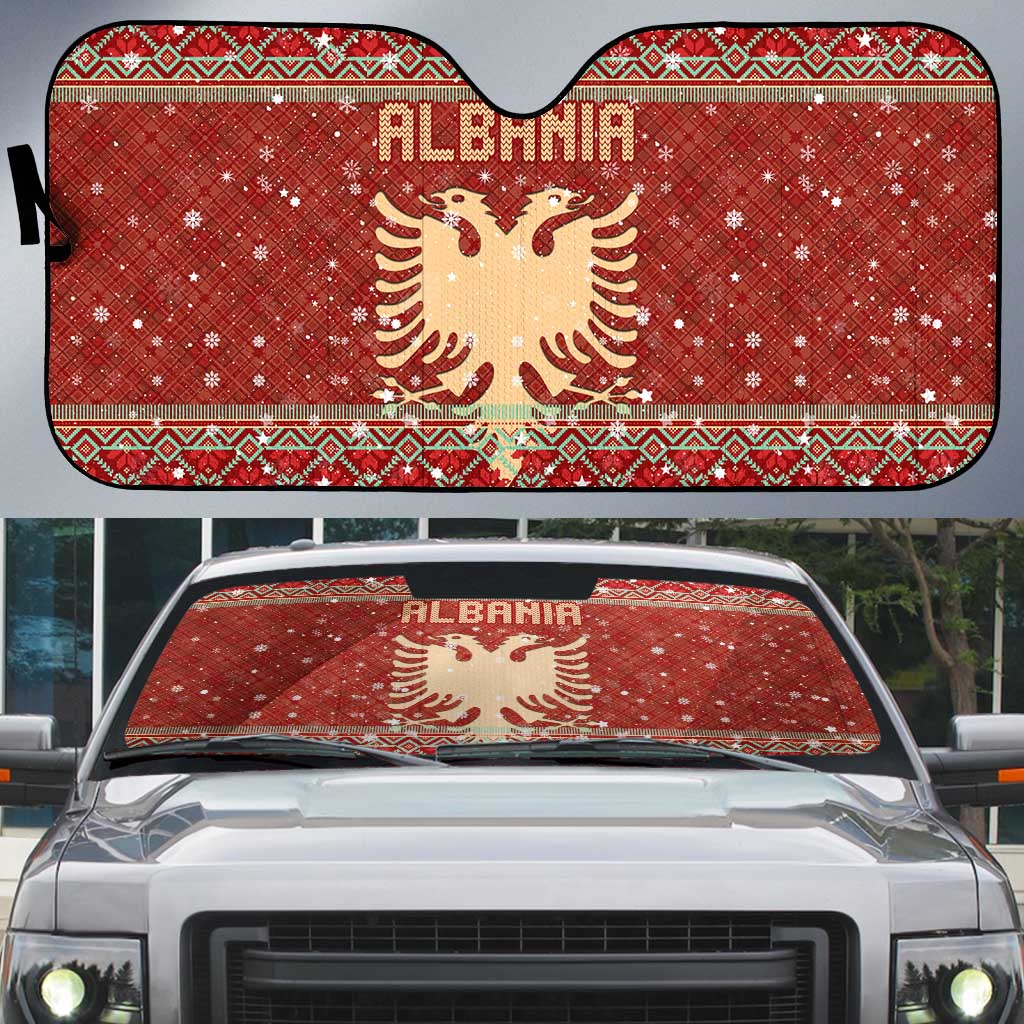 Albania Christmas Auto Sun Shade with Red Geometric Design, Golden Double-Headed Eagle, and Santa Motif - Wonder Print Shop