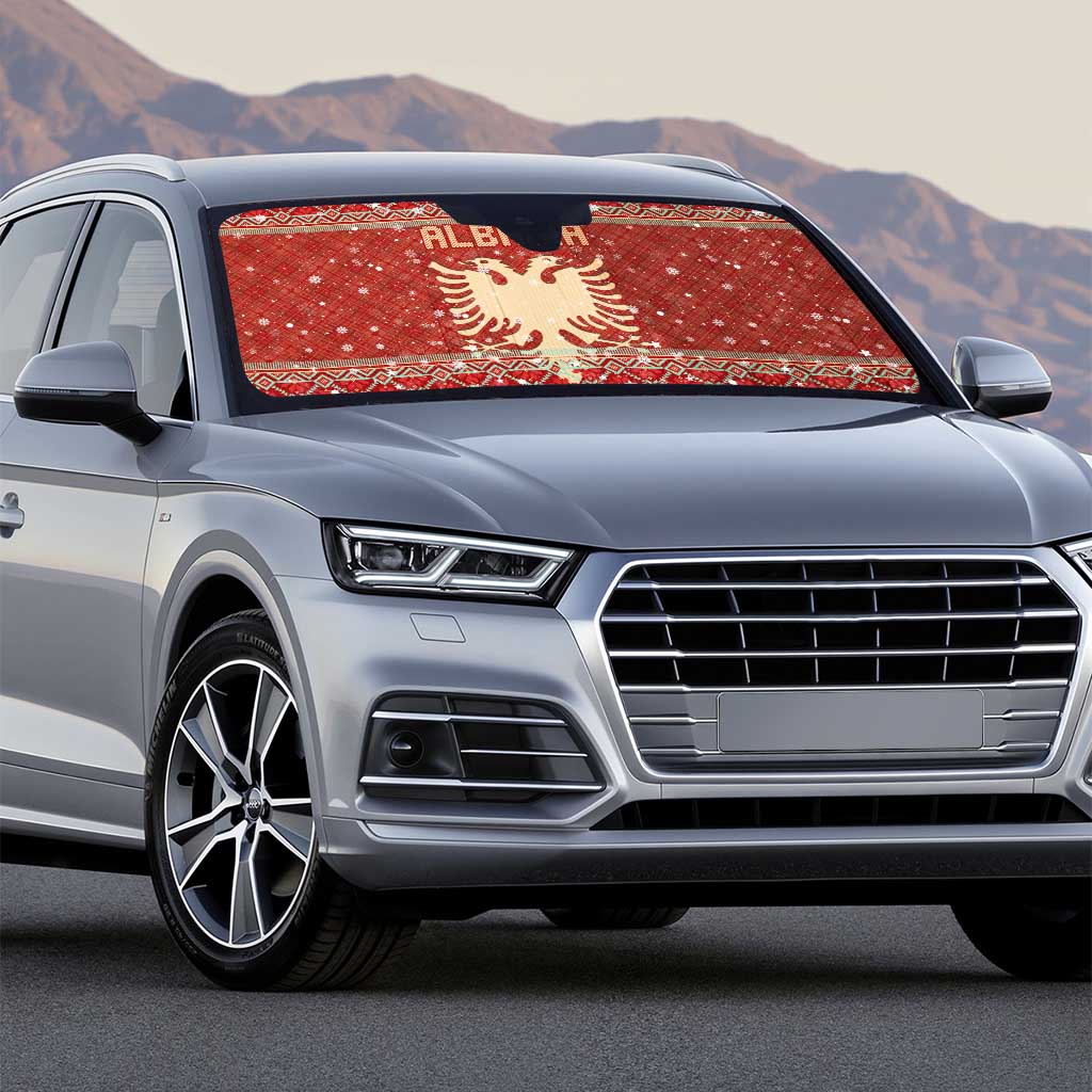 Albania Christmas Auto Sun Shade with Red Geometric Design, Golden Double-Headed Eagle, and Santa Motif - Wonder Print Shop