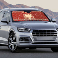 Albania Christmas Auto Sun Shade with Red Geometric Design, Golden Double-Headed Eagle, and Santa Motif - Wonder Print Shop