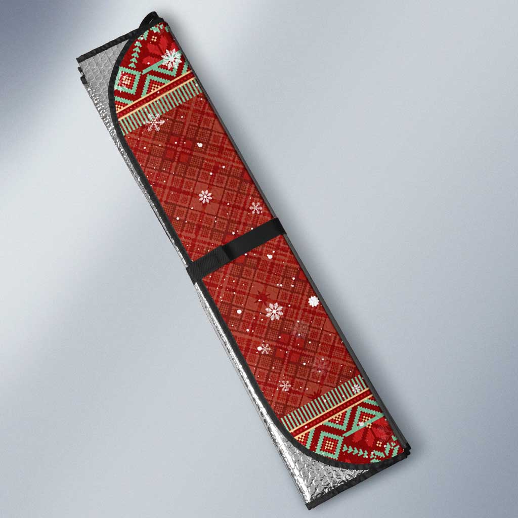 Albania Christmas Auto Sun Shade with Red Geometric Design, Golden Double-Headed Eagle, and Santa Motif - Wonder Print Shop