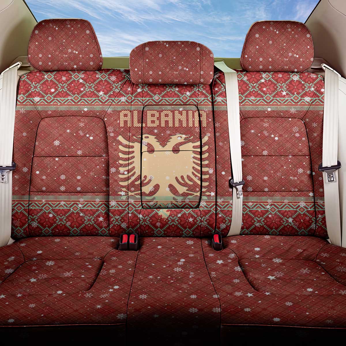 Albania Christmas Back Car Seat Cover with Red Geometric Design, Golden Double-Headed Eagle, and Santa Motif - Wonder Print Shop
