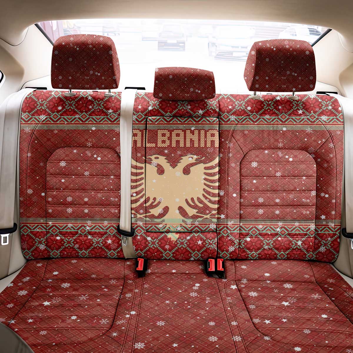 Albania Christmas Back Car Seat Cover with Red Geometric Design, Golden Double-Headed Eagle, and Santa Motif - Wonder Print Shop