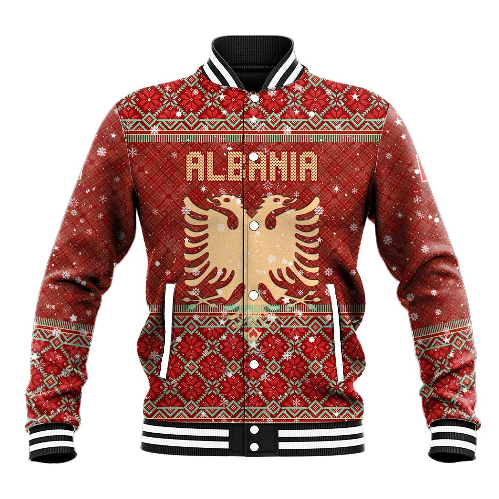 Albania Christmas Baseball Jacket with Red Geometric Design, Golden Double-Headed Eagle, and Santa Motif - Wonder Print Shop