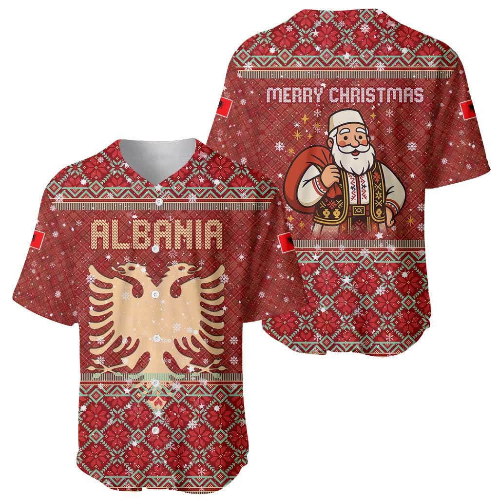 Albania Christmas Baseball Jersey with Red Geometric Design, Golden Double-Headed Eagle, and Santa Motif - Wonder Print Shop