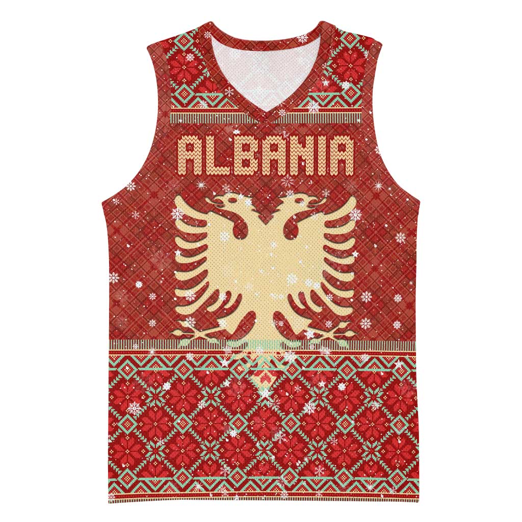 Albania Christmas Basketball Jersey with Red Geometric Design, Golden Double-Headed Eagle, and Santa Motif - Wonder Print Shop