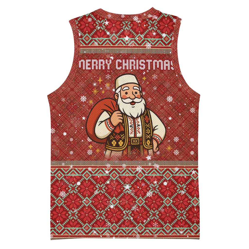 Albania Christmas Basketball Jersey with Red Geometric Design, Golden Double-Headed Eagle, and Santa Motif - Wonder Print Shop