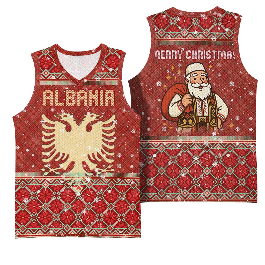 Albania Christmas Basketball Jersey with Red Geometric Design, Golden Double-Headed Eagle, and Santa Motif - Wonder Print Shop