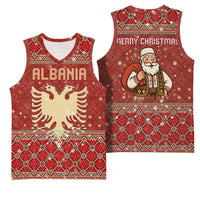 Albania Christmas Basketball Jersey with Red Geometric Design, Golden Double-Headed Eagle, and Santa Motif - Wonder Print Shop