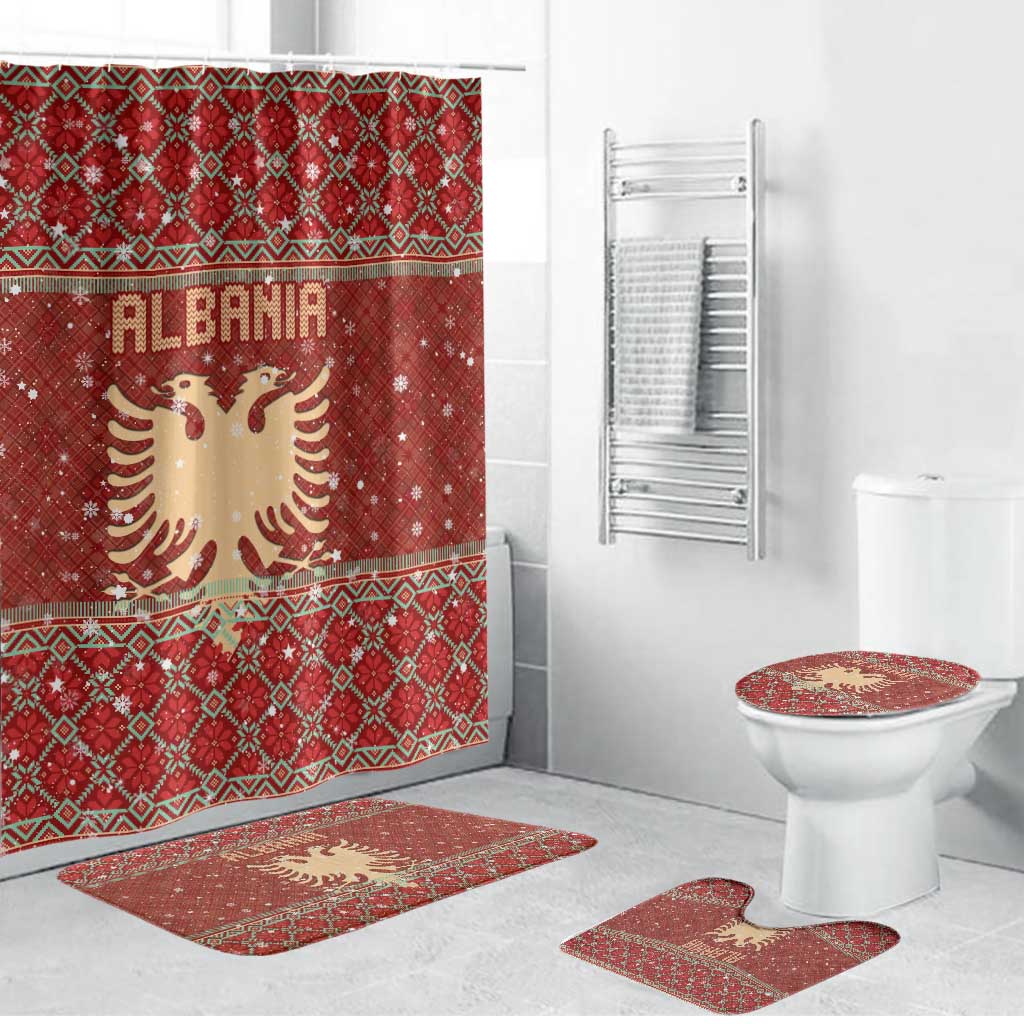 Albania Christmas Bathroom Set with Red Geometric Design, Golden Double-Headed Eagle, and Santa Motif - Wonder Print Shop