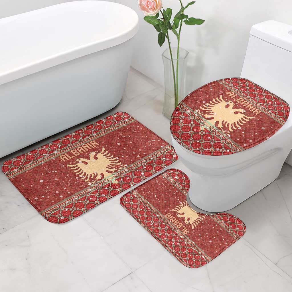 Albania Christmas Bathroom Set with Red Geometric Design, Golden Double-Headed Eagle, and Santa Motif - Wonder Print Shop